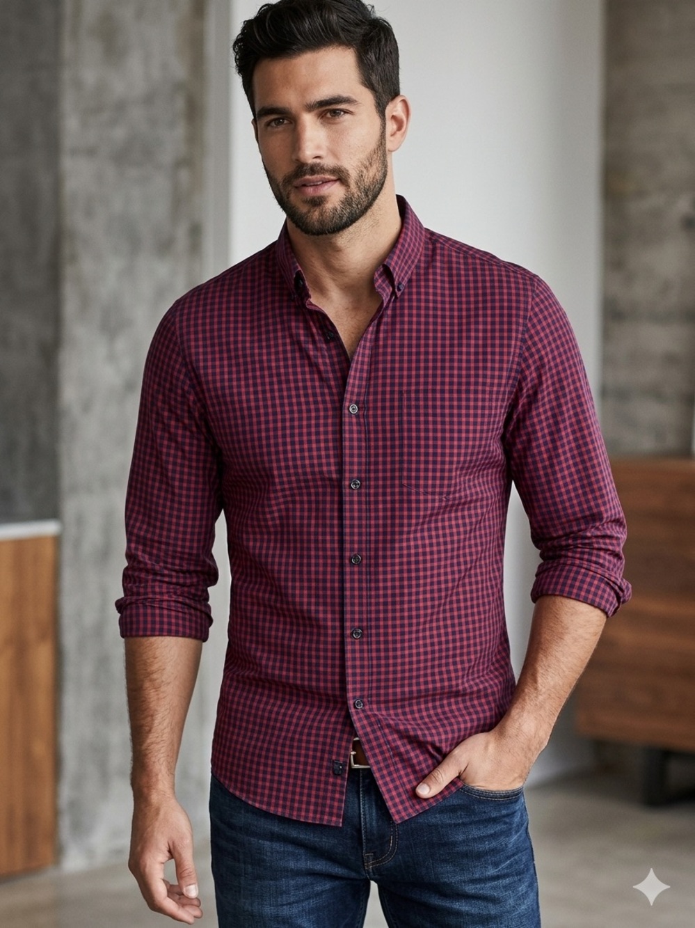 Express Performance Slim Fit Preppy Collegiate Men's Burgundy Check Button-Down